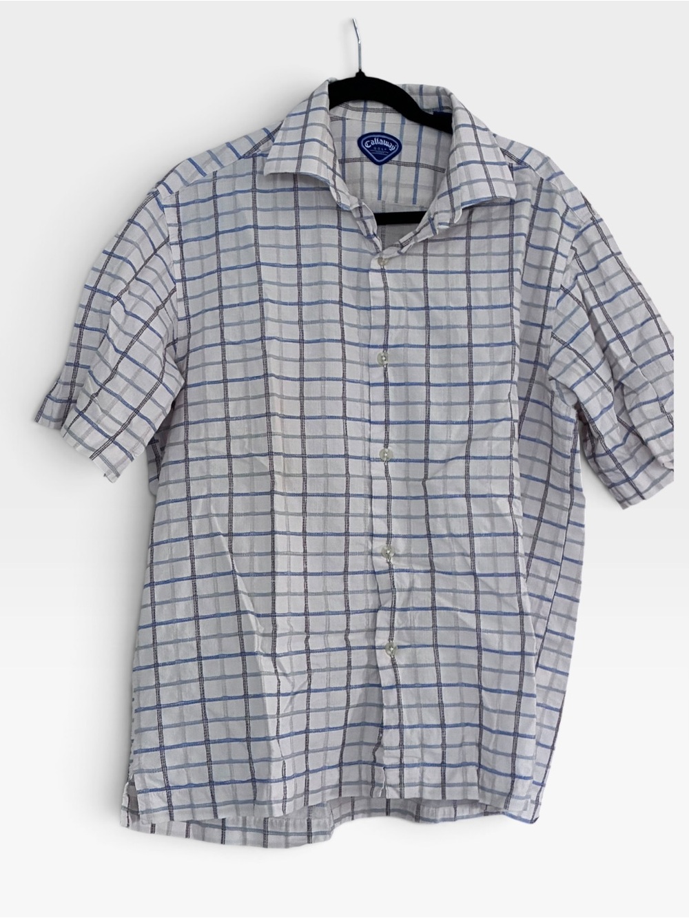 Men’s Callaway White and Blue Windowpane Short-Sleeve Button-Down Shirt Sz large